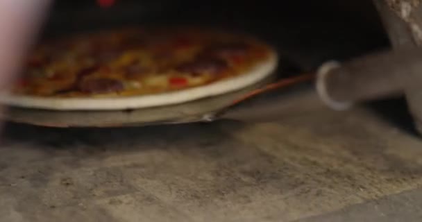 Піца Піч Дрова Вогонь Впритул Приготування Їжі Готуються Готові Обслуговування — стокове відео