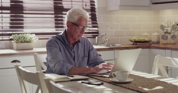 Домашний Ноутбук Журнал Пожилой Человек Пишущий Деловую Информацию График Резюме — стоковое видео