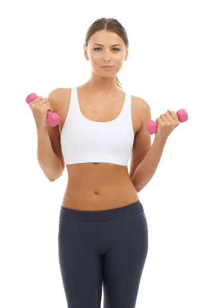 Woman Dumbbells Portrait Studio Exercise Training Sports Workout White Background — Stock Photo, Image