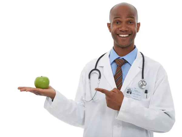 Portrait Black Man Doctor Point Apple Presentation Weight Loss Diet — Stock Photo, Image