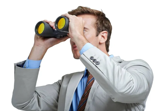 Business Man Binoculars Spy Search Opportunity Future Vision Monitor Isolated Stock Picture