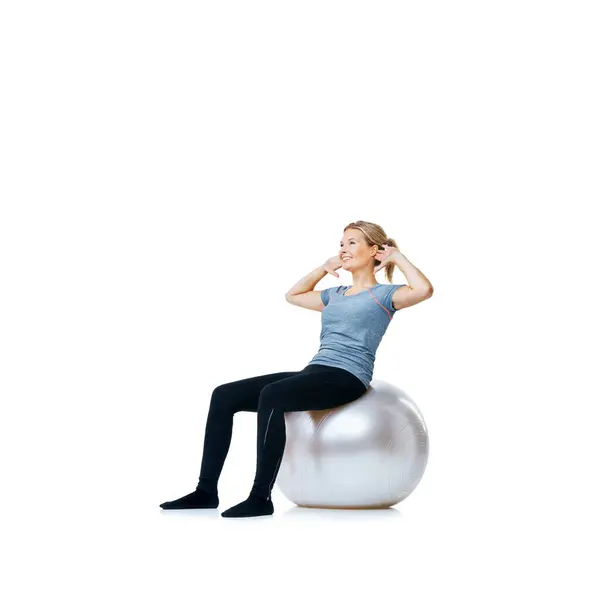 Happy Woman Ball Sit White Background Space Workout Wellness Mobility — Stock Photo, Image