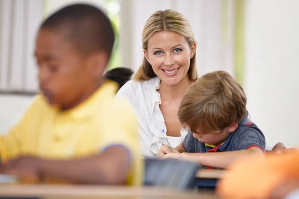 Portrait Teacher Kid Writing Classroom Learning Education Helping Development Happy — Stock Photo, Image