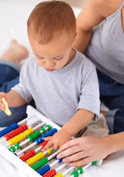 Abacus Toy Baby Mother Playing Learning Teaching Child Development Bed — Stock Photo, Image