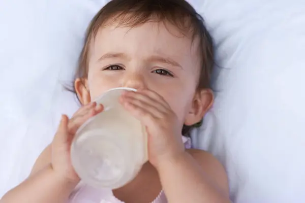 Baby Portrait Drinking Milk Nutrition Liquid Food Relax Bed Home — Stock Photo, Image