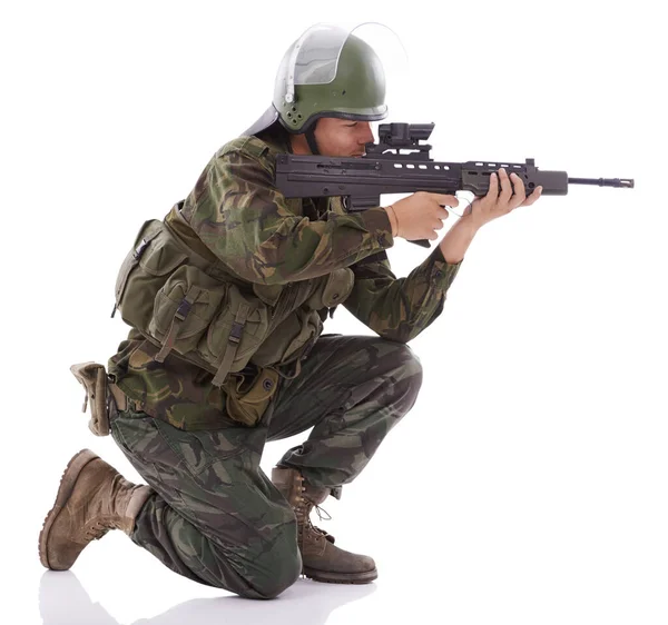 Military Shooting Sniper Man Gun Studio War Conflict Warrior Army — Stock Photo, Image