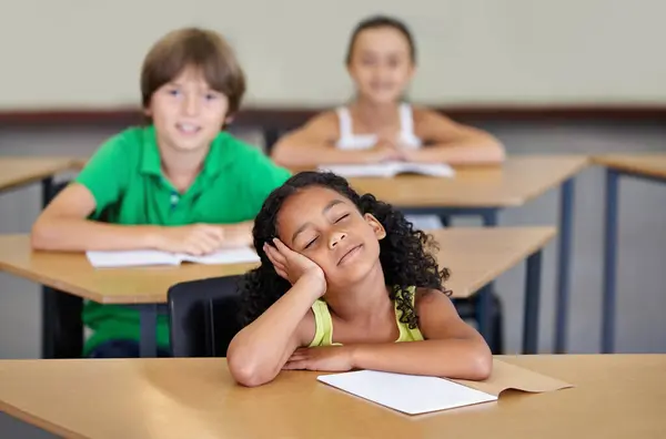 Sleepy Children Bored Learning Education Books Adhd Burnout Frustrated Mindset — Stock Photo, Image