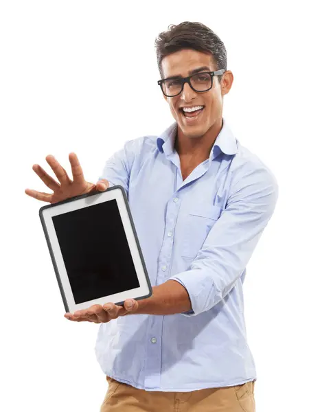 Business Man Tablet Mockup Screen Website Online Presentation Stock Market — Stock Photo, Image