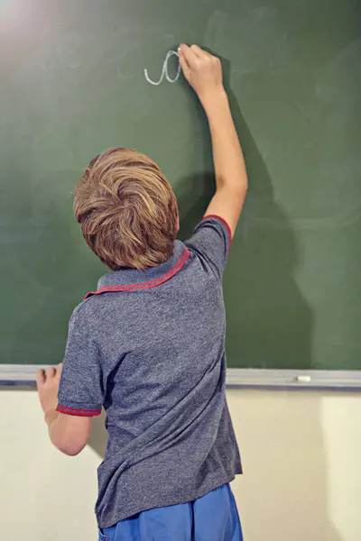 Kid Chalkboard School Writing Education Lecture Answer Learning Back Knowledge — Stock Photo, Image