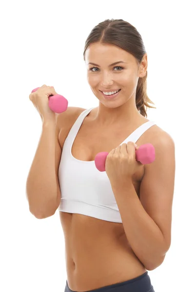 Happy Woman Dumbbells Portrait Studio Fitness Training Exercise Workout White Royalty Free Stock Images