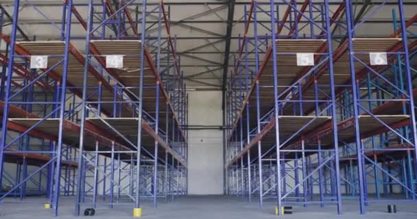 仓库和空货架 用于储存 分配或建造物流设施 工业用货运站的工厂 工厂和库房 库存和内部 — 图库视频影像
