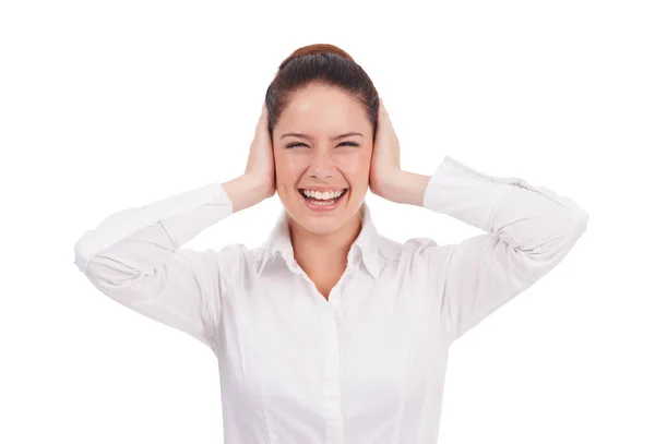 Cover Ears Upset Portrait Business Woman White Background Stress Anxiety — Stock Photo, Image
