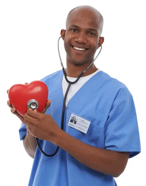 Heart Prop Portrait Man Smile Doctor Employee Isolated White Studio — Stock Photo, Image
