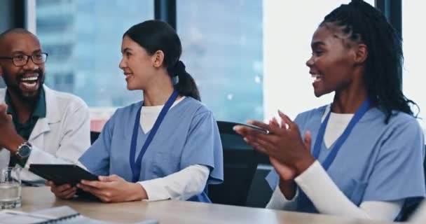 Healthcare Applause Group Doctors Meeting Congratulations Support Praise Conference Room — Stock Video