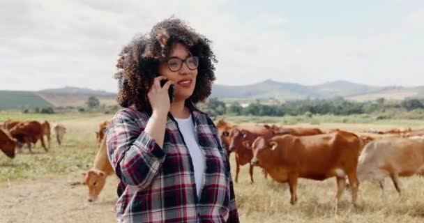 Llamada Telefónica Ganado Mujer Campo Hablando Por Sostenibilidad Tierra Agricultura — Vídeos de Stock
