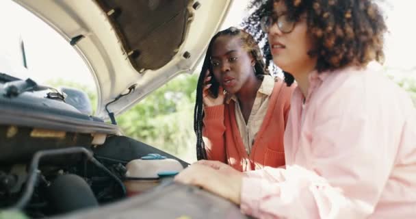 Γυναίκες Άγχος Και Τηλεφωνική Κλήση Βλάβη Του Αυτοκινήτου Στην Αγροτική — Αρχείο Βίντεο