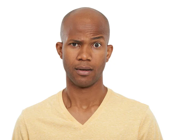 Retrato Hombre Confuso Negro Con Duda Por Qué Modelo Aislado —  Fotos de Stock