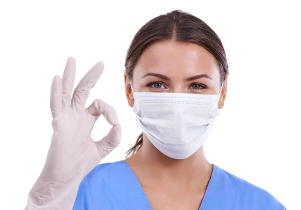 Happy Woman Portrait Doctor Sign Face Mask Good Job White — Stock Photo, Image