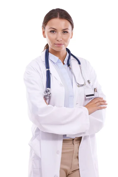 Szczęśliwa Kobieta Portret Profesjonalny Lekarz Stojący Rękami Skrzyżowanymi Białym Tle — Zdjęcie stockowe