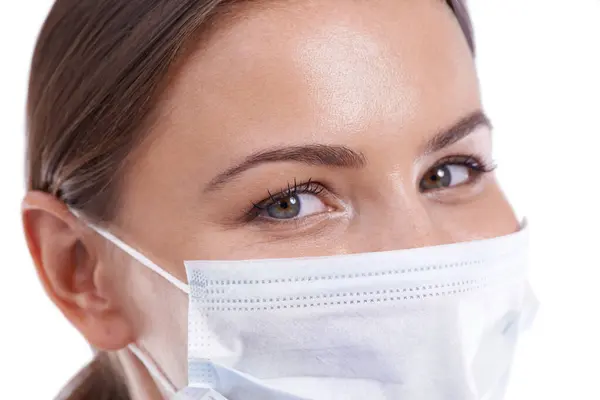 Healthcare Woman Doctor Portrait Face Mask Studio Safety Illness Bacteria — Stock Photo, Image