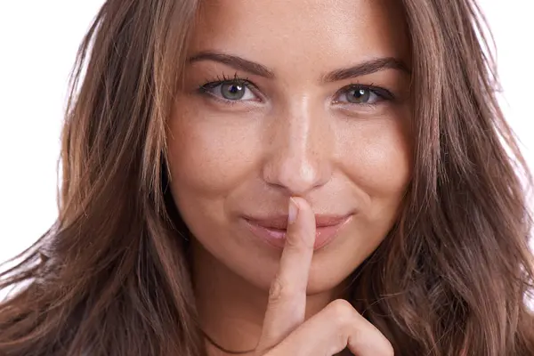 Secret Portrait Woman Finger Lips Studio Quiet Gesture Hush Whisper — Stock Photo, Image