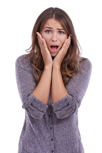 Wow Surprise Shocked Woman Hands Face Studio Gossip Announcement News — Stock Photo, Image