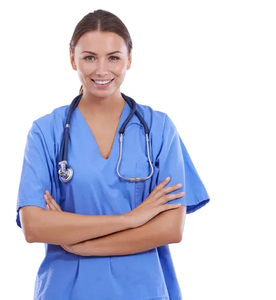 Mulher Retrato Feliz Enfermeira Estúdio Com Braços Cruzados Para Serviços — Fotografia de Stock