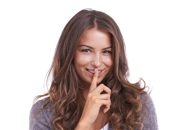 Happy Woman Portrait Secret Gossip Confidential Information Whisper White Studio — Stock Photo, Image
