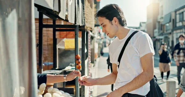 Hombre Comida Vendedor Ambulante Con Kebab Viaje Paseo Turismo Para —  Fotos de Stock