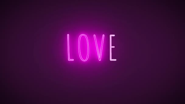 Palabra Texto Amor Con Brillo Neón Sobre Fondo Púrpura Banner — Vídeo de stock