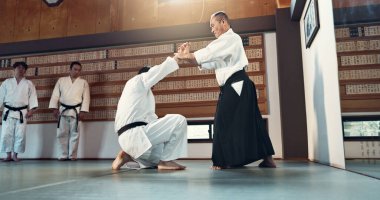 Aikido, sensei ve Japon öğrenciler savunma ve teknik olarak disiplinli, formda ve aksiyonlu. Dövüş sanatları, insanlar ya da eğitimli, üniformalı ya da kültür ve beceri için güven.
