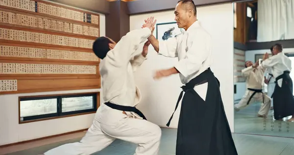 Aikido, sensei and master in a fight of martial arts with student in self defence, discipline and training. Demonstration, class or Japanese man with black belt in fighting with education of skill.