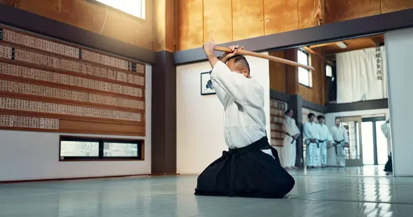 Aikido sword, mature sensei and man teaching class, self defense or combat technique. Martial arts, Japanese person and wooden weapon for skills development, attack demonstration or bokken strike.