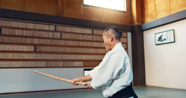 Aikido sword, mature sensei and man teaching class, self defense or combat technique. Martial arts, Japanese person and wooden weapon for skills development, attack demonstration or bokken strike.