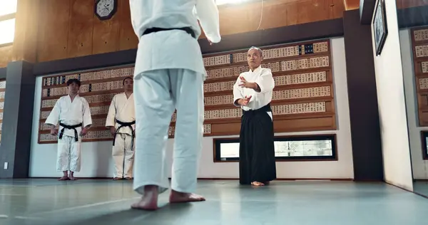 Aikido, sensei and Japanese students with fitness, training and action in class for defence or technique. Martial arts, people or fighting with discipline, uniform or confidence for culture and skill.