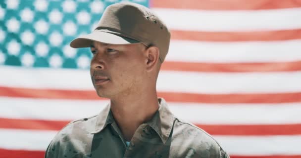 Ansikte Man Och Soldat Från Usa Med Amerikansk Flagga Militär — Stockvideo