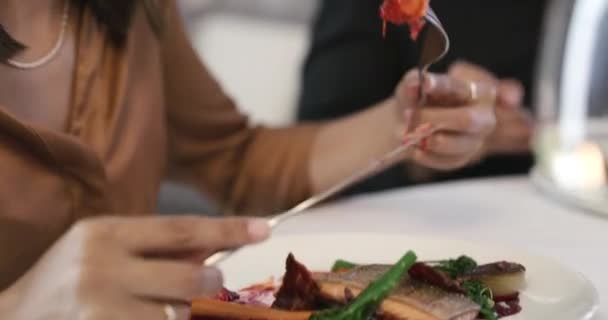 Frau Essen Für Das Weihnachtsessen Und Party Mit Ernährung Fleisch — Stockvideo