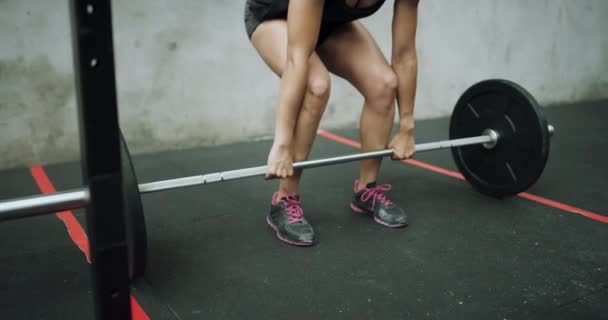 トレーニング トレーニング トレーニング またはジムでの激しい運動のための重量挙げの女性 バーベルとフィットネス 強さかボディービルのための重量か棒が付いている若い強い女性人か活動的なボディービルダー — ストック動画