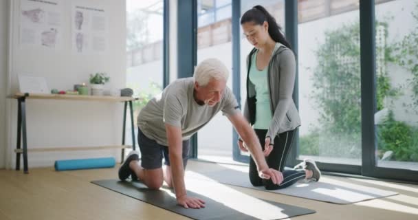 Physiotherapist Rehabilitation Senior Man Stretching Chiropractic Floor Exercise Orthopedic Workout — Stock Video