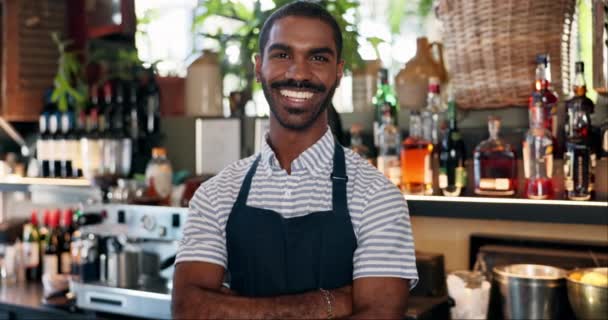 Witamy Kawiarnia Pewny Siebie Portret Mężczyzny Barze Uśmiechem Kelner Lub — Wideo stockowe