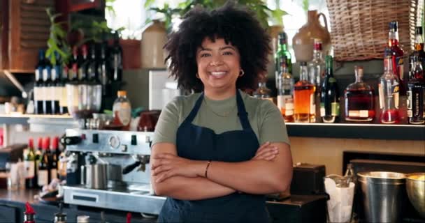 Welcome Coffee Shop Portrait Woman Confidence Counter Waitress Barista Restaurant — Stock Video