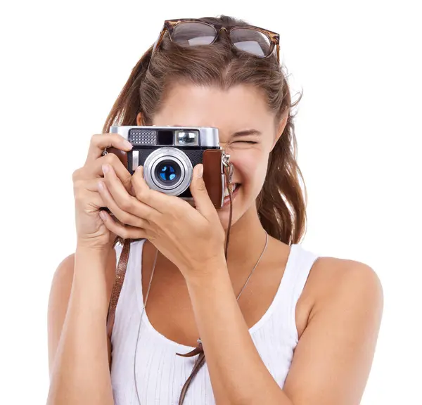 Photography Woman Retro Camera Studio Art Production Content Creation Paparazzi — Stock Photo, Image