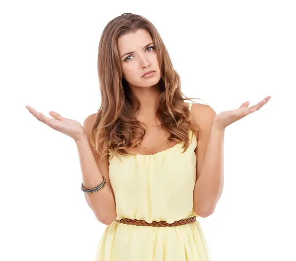 Sure You Know Portrait Woman Confused Hands Out Questions Isolated — Stock Photo, Image