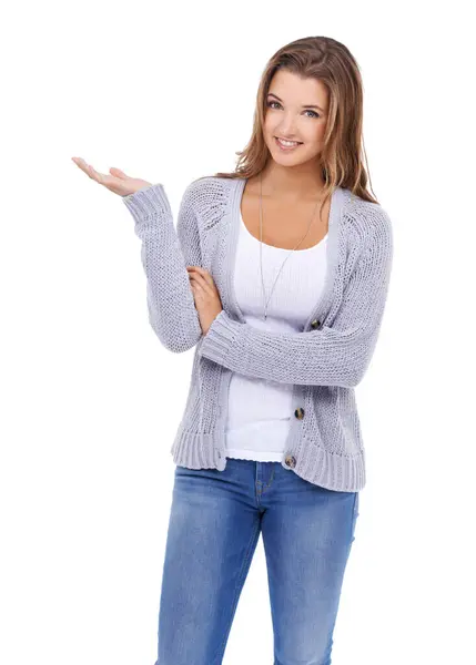 Smile Portrait Woman Hand Pointing Studio Announcement News Checklist White — Stock Photo, Image