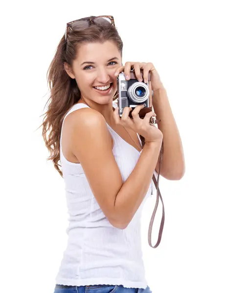 Photographer Woman Portrait Retro Camera Studio Photoshoot Content Creation Production — Stock Photo, Image