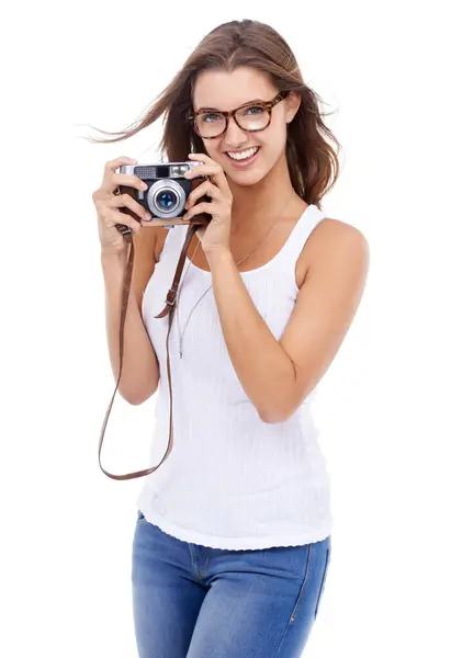 Fotograaf Portret Vrolijke Vrouw Met Retro Camera Voor Fotoshoot Kunstblog — Stockfoto