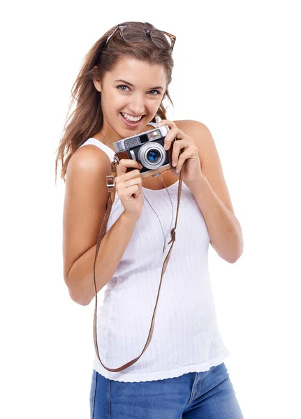 Photography Happy Woman Portrait Retro Camera Studio Photoshoot Content Creation — Stock Photo, Image