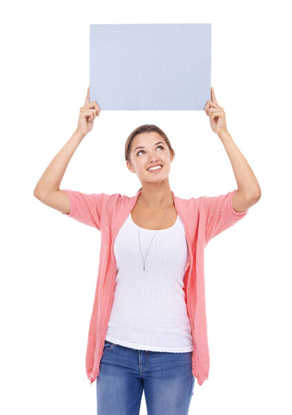 Woman, blank poster and smile for mockup space in studio, paper and bulletin for announcement. Happy female person, board and placard for promotion and advertisement, news and white background.