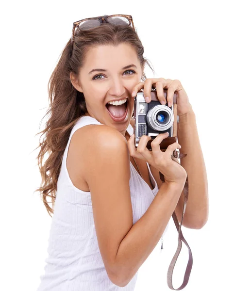Photographer Excited Woman Portrait Retro Camera Studio Photoshoot Content Creation — Stock Photo, Image