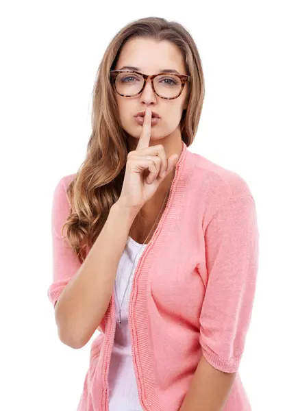 Portrait Secret Woman Finger Lips News Model Isolated White Studio — Stock Photo, Image